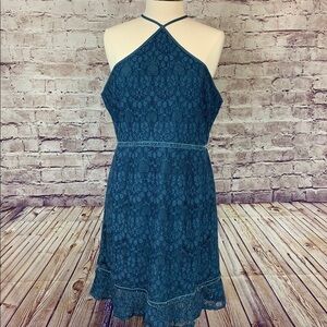 Chelsea 28 Blue Halter Neck Lace Lined Dress